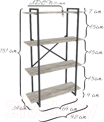 Стеллаж Gutta 4 полки 151x92x34 (патина черный)