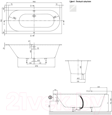 Ванна квариловая Villeroy & Boch Oberon 190x90 / UBQ199OBE2V-01