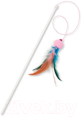 Игрушка для кошек Сибирская кошка Удочка-дразнилка Шарик с перьями и погремушкой - фото