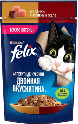 Влажный корм для кошек Felix Аппетитные кусочки. Двойная вкуснятина индейка и печень желе - фото