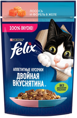Влажный корм для кошек Felix Аппетитные кусочки. Двойная вкуснятина лосось и форель желе - фото