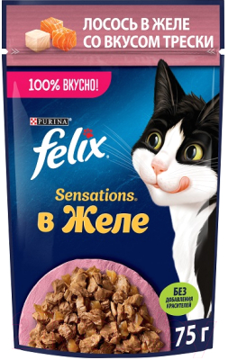 Влажный корм для кошек Felix Sensations с лососем в желе со вкусом трески - фото