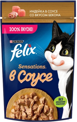 Влажный корм для кошек Felix Sensations с индейкой и беконом в соусе - фото