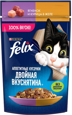 Влажный корм для кошек Felix Аппетитные кусочки. Двойная вкуснятина ягненка и курицы в желе - фото