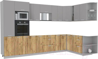 Кухонный гарнитур Интерлиния Мила Лайт 1.88x3.4 правая без столешницы (серебристый/дуб золотой) - фото