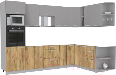 Кухонный гарнитур Интерлиния Мила Лайт 1.88x3.0 правая без столешницы (серебристый/дуб золотой) - фото