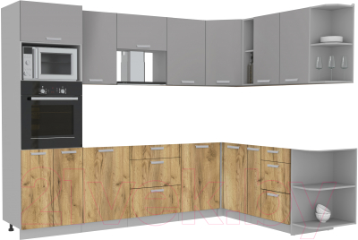 Кухонный гарнитур Интерлиния Мила Лайт 1.88x2.8 правая без столешницы (серебристый/дуб золотой) - фото