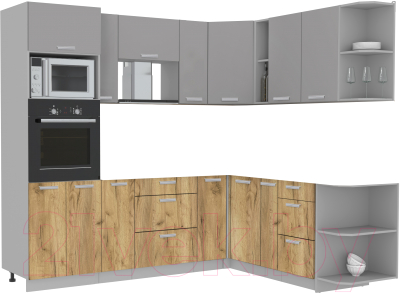 Кухонный гарнитур Интерлиния Мила Лайт 1.88x2.4 правая без столешницы (серебристый/дуб золотой) - фото