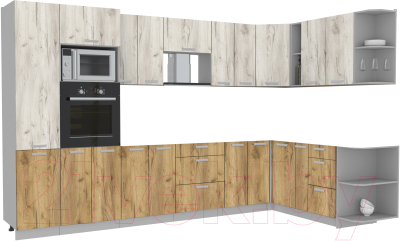 Кухонный гарнитур Интерлиния Мила Лайт 1.88x3.4 правая без столешницы (дуб белый/дуб золотой) - фото