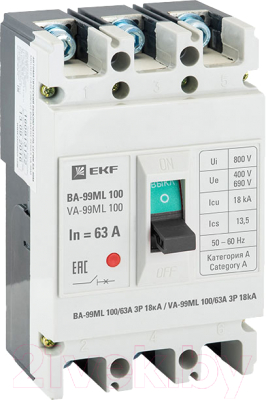 Выключатель автоматический EKF Basic ВА-99МL 100/ 63А 3P / mccb99-100-63mi - фото