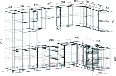 Кухонный гарнитур Интерлиния Мила Лайт 1.88x3.2 правая без столешницы (белый платинум/дуб золото)