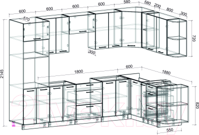 Кухонный гарнитур Интерлиния Мила Лайт 1.88x3.0 правая без столешницы (белый платинум/дуб золото)