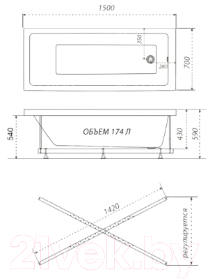 Ванна акриловая Triton Аура Базовая 150x70 (с гидромассажем)