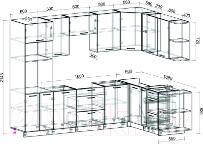 Кухонный гарнитур Интерлиния Мила Лайт 1.88x2.8 правая без столешницы (белый платинум/дуб серый)