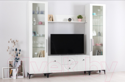 Шкаф-пенал с витриной Mobi Валенсия 13.218 (белый РЕ шагрень/белый шагрень ПВХ)