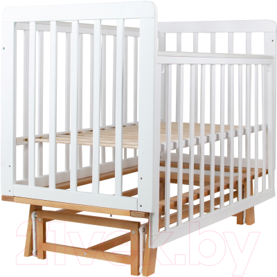 Детская кроватка INDIGO Style на ножках продольный маятник (белый/натуральный)