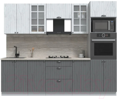 Кухонный гарнитур Интерлиния Берес 2.6В (дуб серый/дуб полярный/травертин серый) - фото
