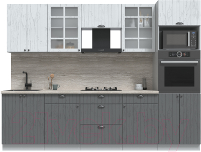 Кухонный гарнитур Интерлиния Берес 2.8В (дуб серый/дуб полярный/травертин серый) - фото