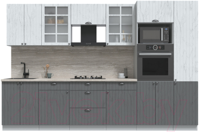 Кухонный гарнитур Интерлиния Берес 3.2В (дуб серый/дуб полярный/травертин серый) - фото