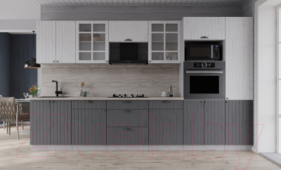 Кухонный гарнитур Интерлиния Берес 3.2В (дуб серый/дуб полярный/травертин серый)