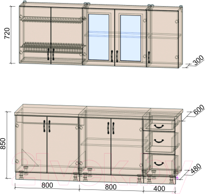 Кухонный гарнитур Интерлиния Мила Крафт 2.0А (дуб серый/дуб серый/травертин серый)