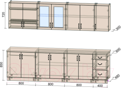 Кухонный гарнитур Интерлиния Мила Крафт 2.8А (дуб серый/травертин серый)