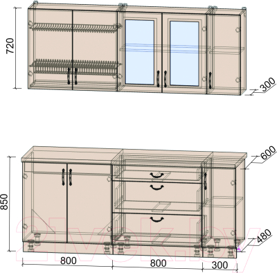 Кухонный гарнитур Интерлиния Мила Крафт 1.9Б (дуб серый/дуб полярный/травертин серый)