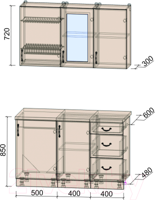 Кухонный гарнитур Интерлиния Мила Крафт 1.3Б (дуб серый/дуб серый/травертин серый)