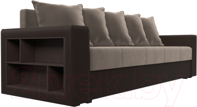 Диван Лига Диванов Дубай лайт полки слева / 114373L (велюр коричневый/экокожа коричневый)