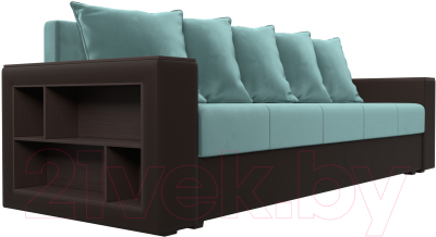 Диван Лига Диванов Дубай лайт полки слева / 114374L (велюр бирюзовый/экокожа коричневый)