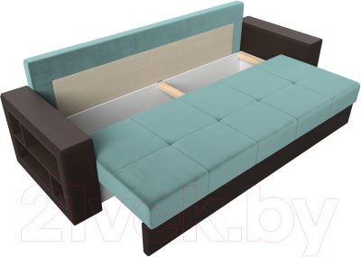 Диван Лига Диванов Дубай лайт полки слева / 114374L (велюр бирюзовый/экокожа коричневый)