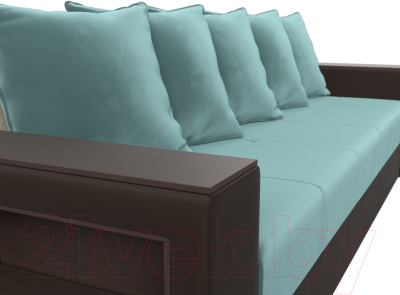 Диван Лига Диванов Дубай лайт полки слева / 114374L (велюр бирюзовый/экокожа коричневый)