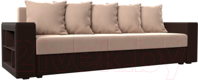 Диван Лига Диванов Дубай лайт полки слева / 114377 (велюр бежевый/экокожа коричневый) - фото
