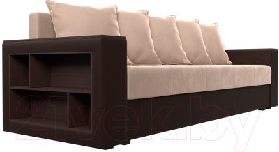 Диван Лига Диванов Дубай лайт полки слева / 114377 (велюр бежевый/экокожа коричневый)