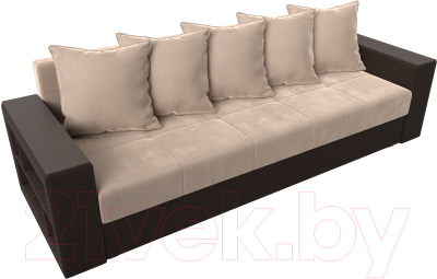 Диван Лига Диванов Дубай лайт полки слева / 114377 (велюр бежевый/экокожа коричневый)