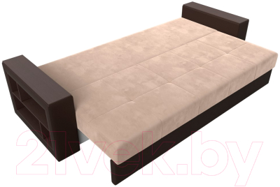 Диван Лига Диванов Дубай лайт полки слева / 114377 (велюр бежевый/экокожа коричневый)