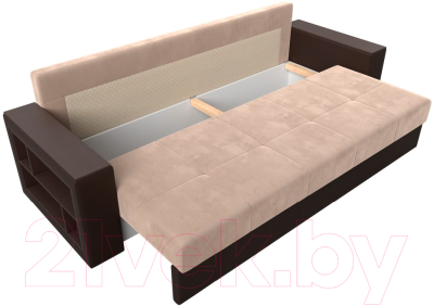 Диван Лига Диванов Дубай лайт полки слева / 114377 (велюр бежевый/экокожа коричневый)