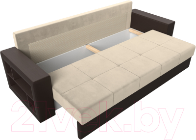 Диван Лига Диванов Дубай лайт полки слева / 114426L (микровельвет бежевый/экокожа коричневый)