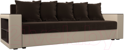 Диван Лига Диванов Дубай лайт полки слева / 114327L (микровельвет коричневый/экокожа бежевый) - фото