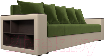 Диван Лига Диванов Дубай лайт полки слева / 114427L (микровельвет зеленый/экокожа бежевый)