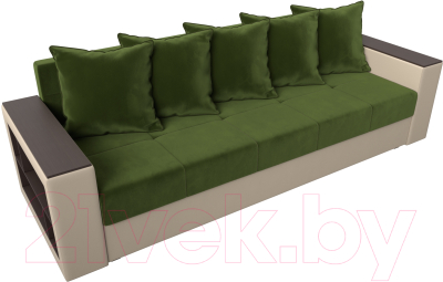 Диван Лига Диванов Дубай лайт полки слева / 114427L (микровельвет зеленый/экокожа бежевый)