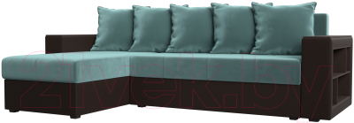 Диван угловой Лига Диванов Дубай лайт левый (велюр бирюзовый/экокожа коричневый) - фото
