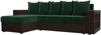 Диван угловой Лига Диванов Дубай лайт левый (велюр зеленый/экокожа коричневый) - фото