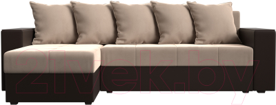 Диван угловой Лига Диванов Дубай лайт левый (велюр бежевый/экокожа коричневый)