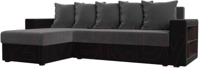 Диван угловой Лига Диванов Дубай лайт левый (велюр серый/экокожа черный) - фото