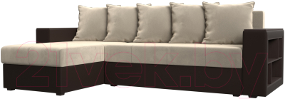 Диван угловой Лига Диванов Дубай лайт левый (микровельвет бежевый/экокожа коричневый) - фото