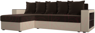 Диван угловой Лига Диванов Дубай лайт левый (микровельвет коричневый/экокожа бежевый) - фото