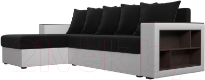 Диван угловой Лига Диванов Дубай лайт левый (микровельвет черный/экокожа белый)