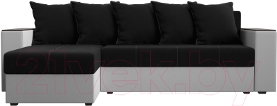 Диван угловой Лига Диванов Дубай лайт левый (микровельвет черный/экокожа белый)