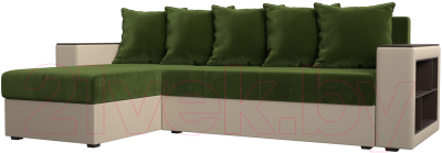 Диван угловой Лига Диванов Дубай лайт левый (микровельвет зеленый/экокожа бежевый) - фото